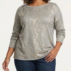 CHICOS Gray Metallic Silver Animal Snakeskin Python Print Pullover Sweater 4 XXL